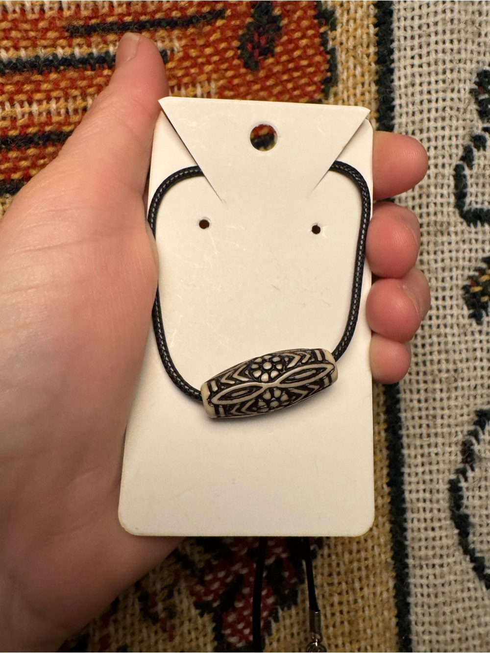 Carved Bead Cord Necklace - Black and Cream